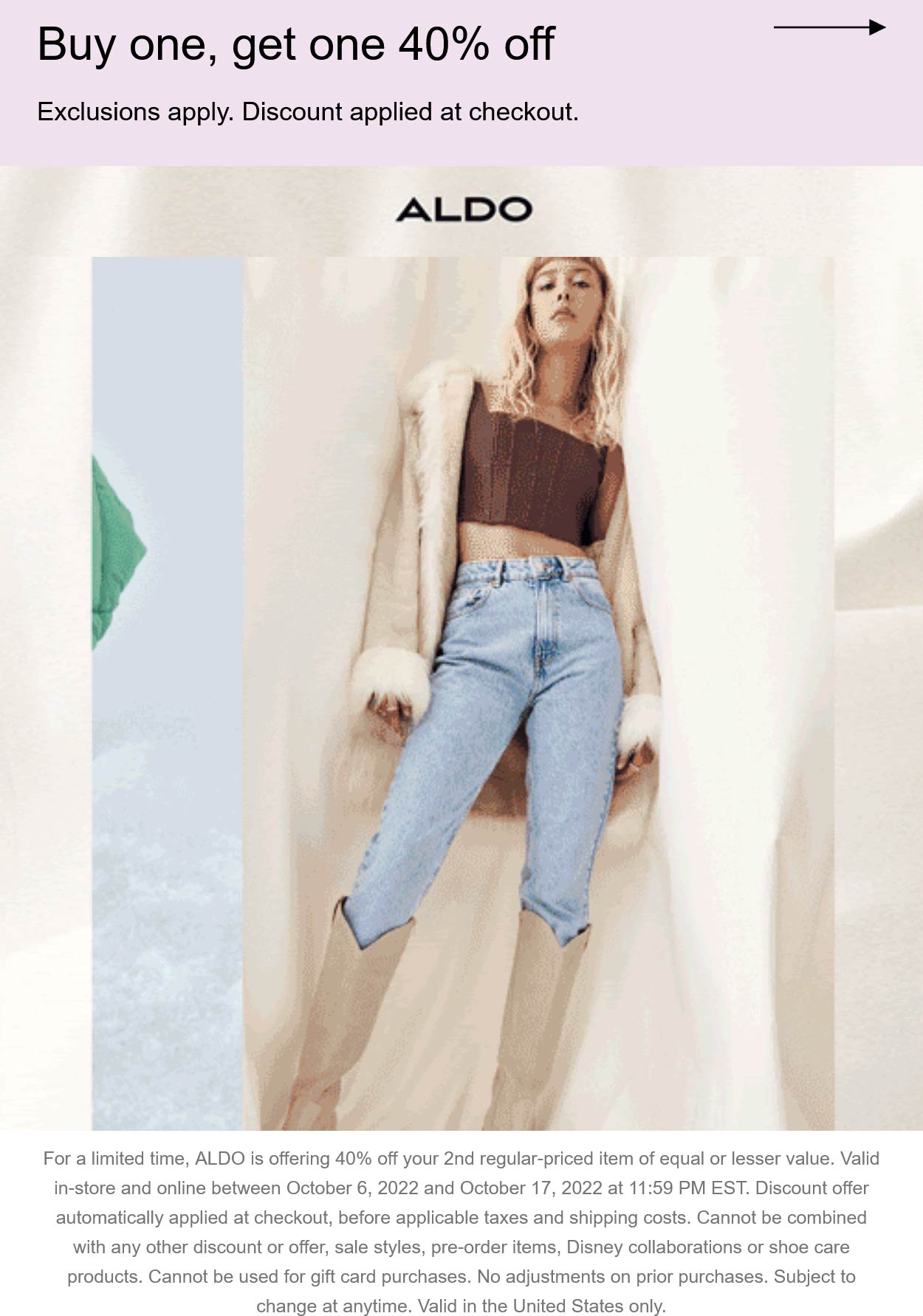 ALDO stores Coupon  Second item 40% off at ALDO, ditto online #aldo 