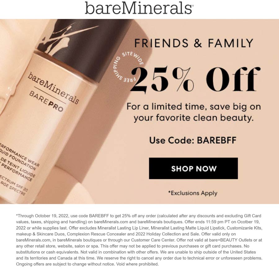 bareMinerals stores Coupon  25% off at bareMinerals, or online via promo code BAREBFF #bareminerals 