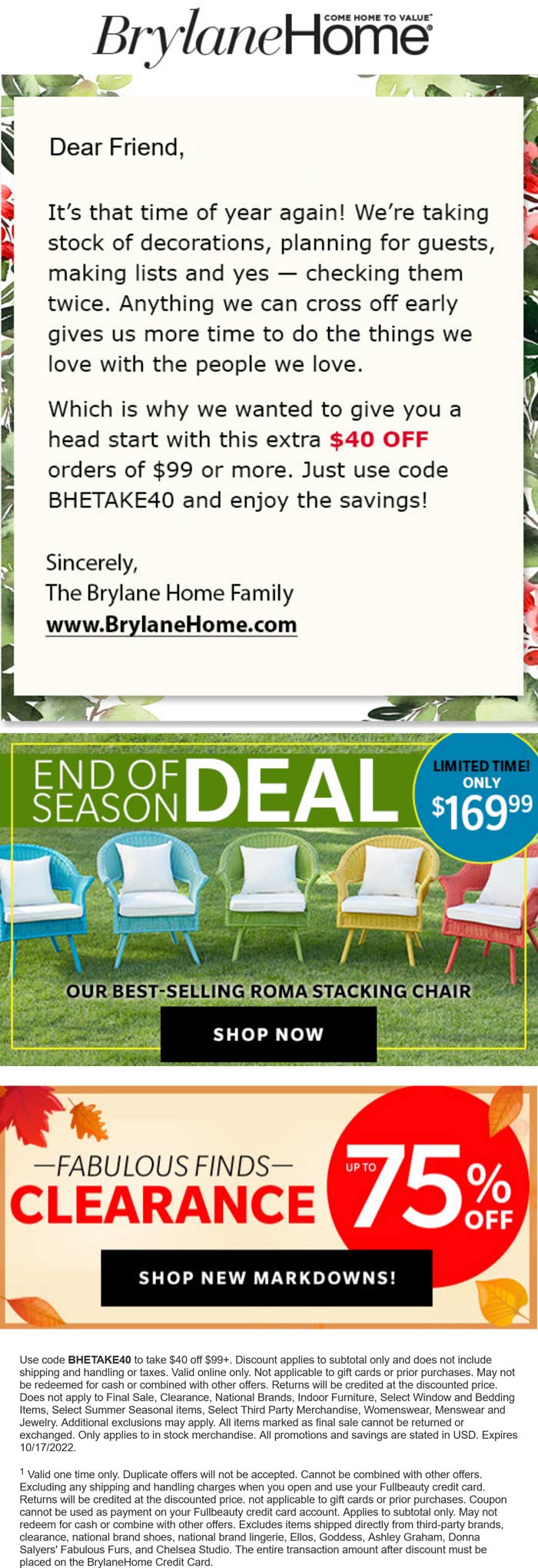 Brylane Home stores Coupon  $40 off $99 at Brylane Home via promo code BHETAKE40 #brylanehome 