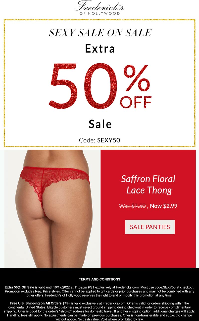Fredericks of Hollywood stores Coupon  Extra 50% off sale items at Fredericks of Hollywood via promo code SEXY50 #fredericksofhollywood 