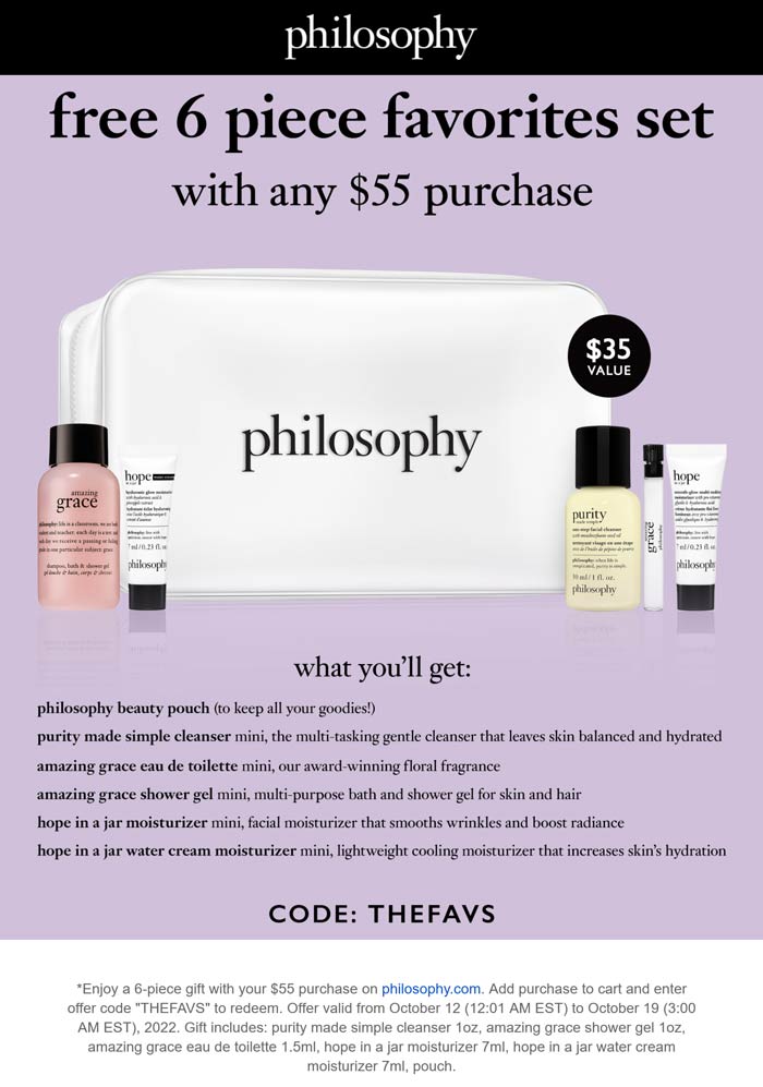 Philosophy stores Coupon  Free 6pc on $55 at Philosophy cosmetics via promo code THEFAVS #philosophy 