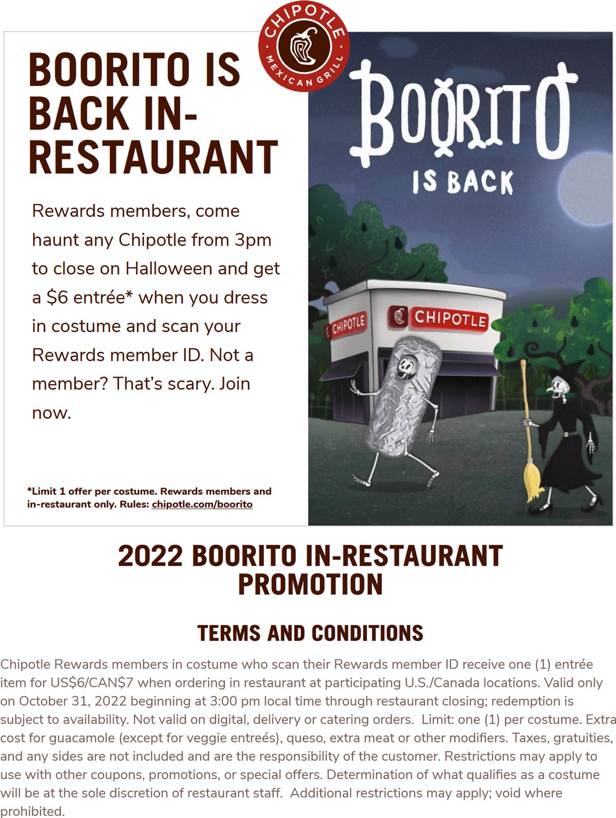 Chipotle restaurants Coupon  Discounted entree in costume on Halloween at Chipotle #chipotle 