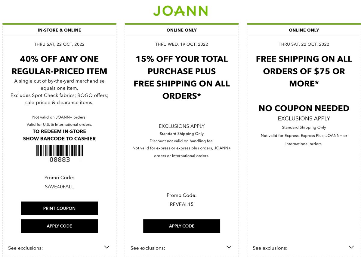 Joann stores Coupon  40% off a single item at Joann, or online via promo code SAVE40FALL #joann 