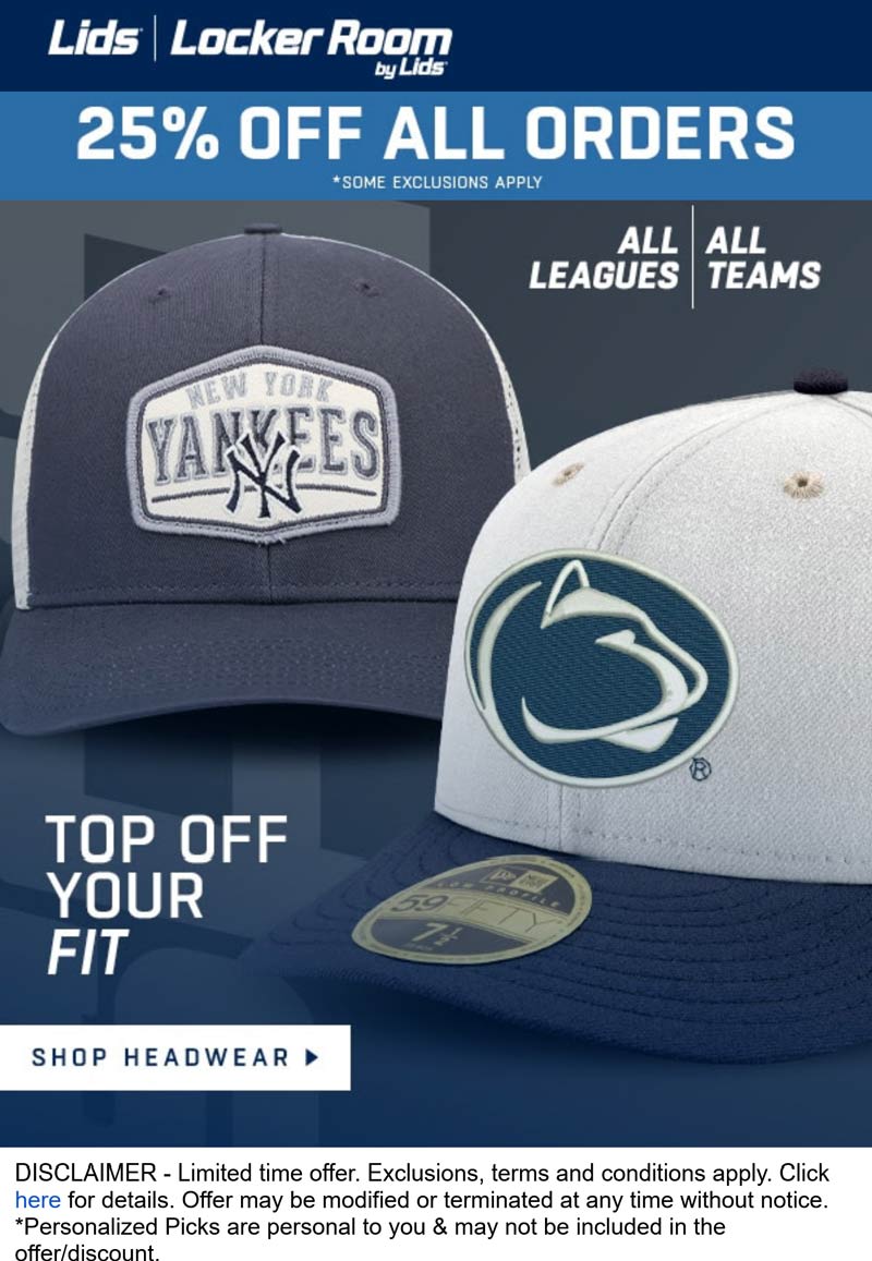 Lids stores Coupon  25% off today at Lids #lids 