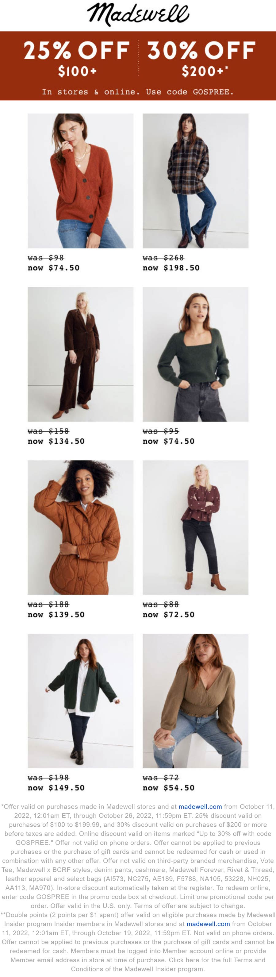 Madewell stores Coupon  25-30% off $100+ at Madewell, or online via promo code GOSPREE #madewell 