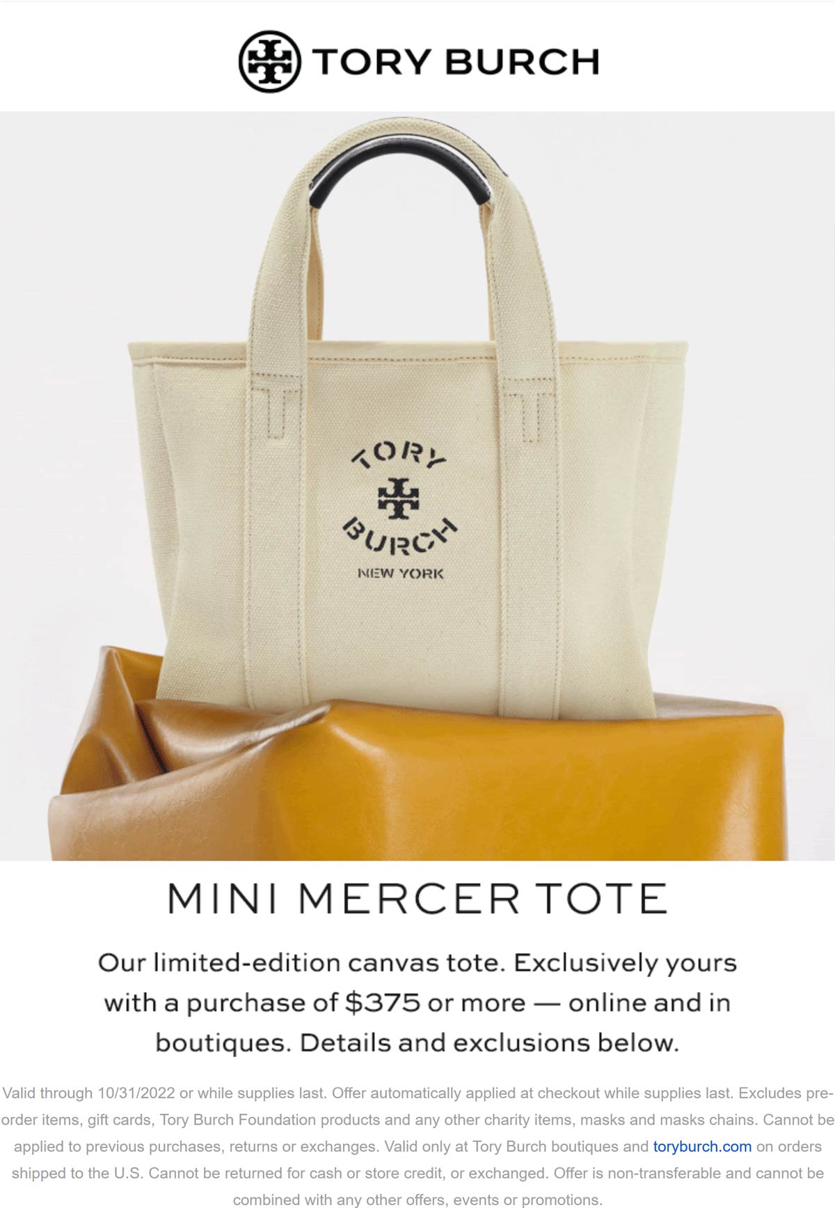 Tory Burch stores Coupon  Free tote bag on $375 at Tory Burch, ditto online #toryburch 