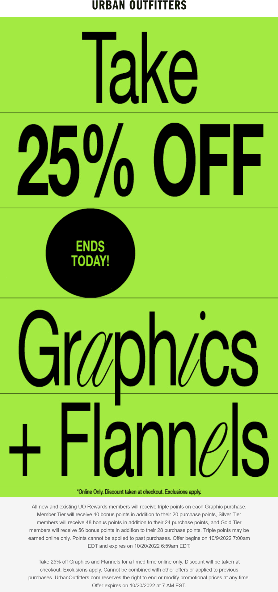 Urban Outfitters stores Coupon  25% off graphics & flannels today at Urban Outfitters #urbanoutfitters 