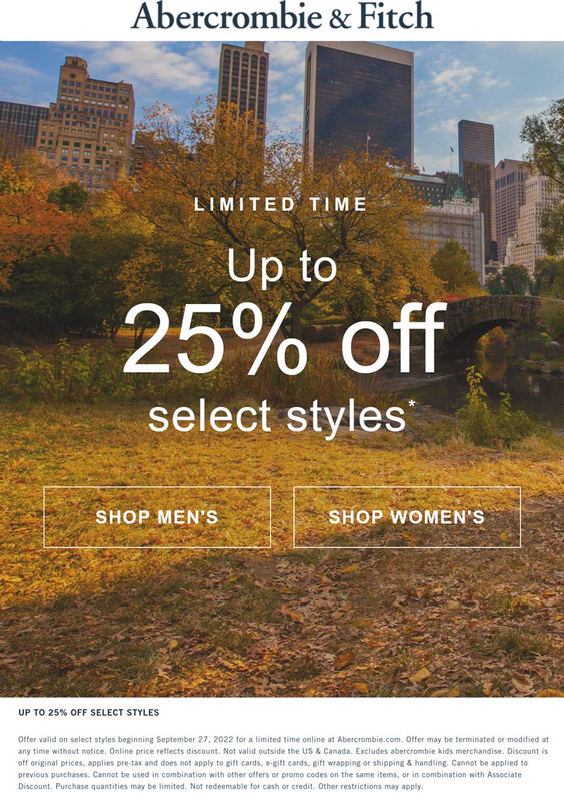 Abercrombie & Fitch stores Coupon  25% off various online at Abercrombie & Fitch #abercrombiefitch 