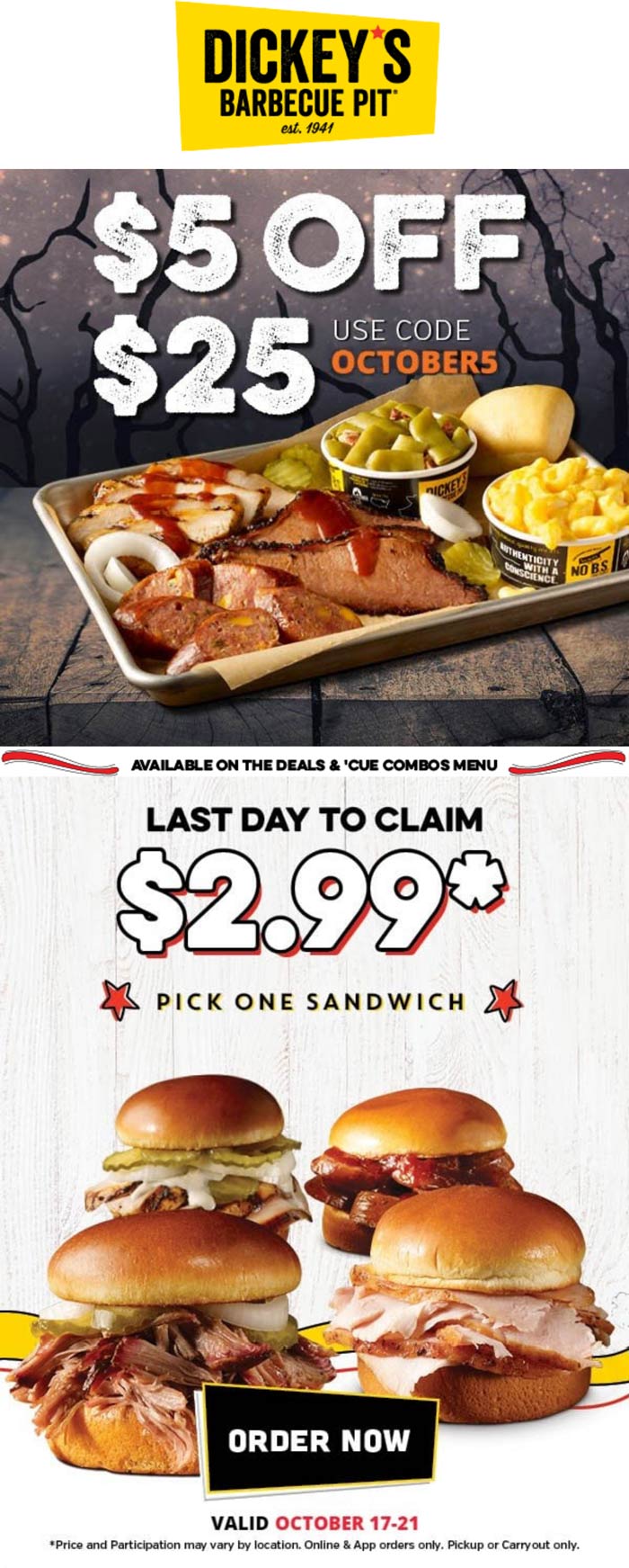 Dickeys Barbecue Pit restaurants Coupon  $5 off $25 at Dickeys Barbecue Pit restaurants via promo code OCTOBER5 #dickeysbarbecuepit 