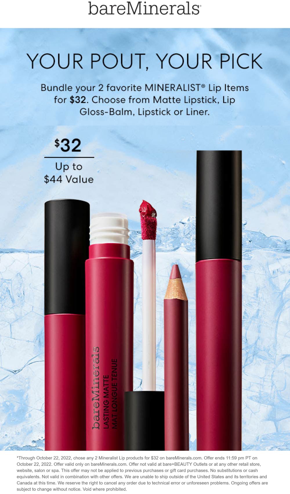 bareMinerals stores Coupon  2 lip items for $32 online today at bareMinerals #bareminerals 