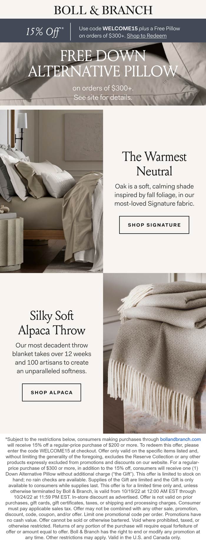 Boll & Branch stores Coupon  15% off + free pillow on $300 at Boll & Branch via promo code WELCOME15 #bollbranch 