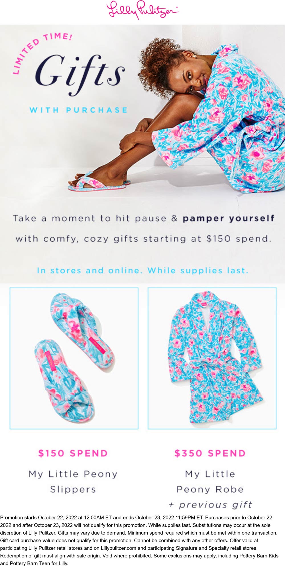 Lilly Pulitzer stores Coupon  Free slippers & robe on $150+ at Lilly Pulitzer, ditto online #lillypulitzer 