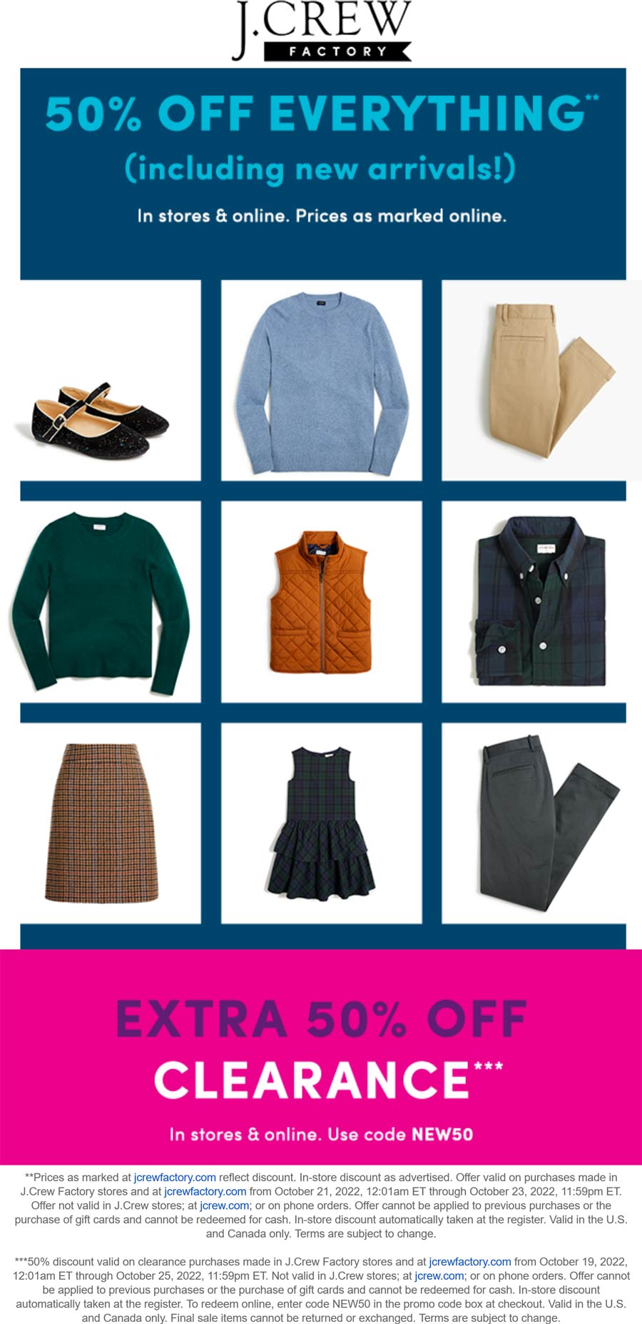 J.Crew Factory stores Coupon  50% off everything today at J.Crew Factory, or online via promo code NEW50 #jcrewfactory 