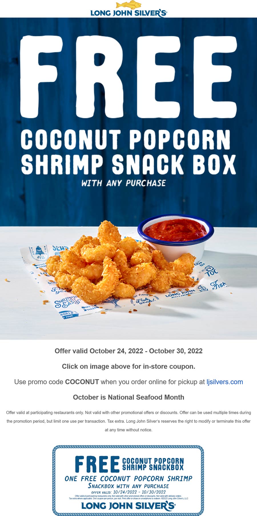 Long John Silvers restaurants Coupon  Free popcorn shrimp box with any order at Long John Silvers restaurants, or online via promo code COCONUT #longjohnsilvers 
