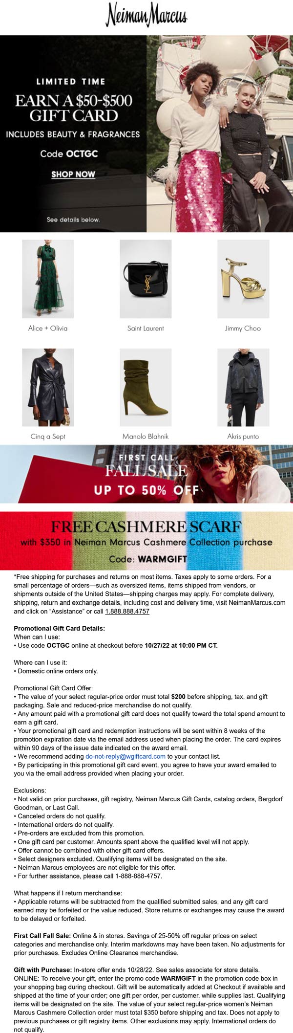Neiman Marcus stores Coupon  $50-$500 card on $200+ & more at Neiman Marcus via promo code OCTGC #neimanmarcus 