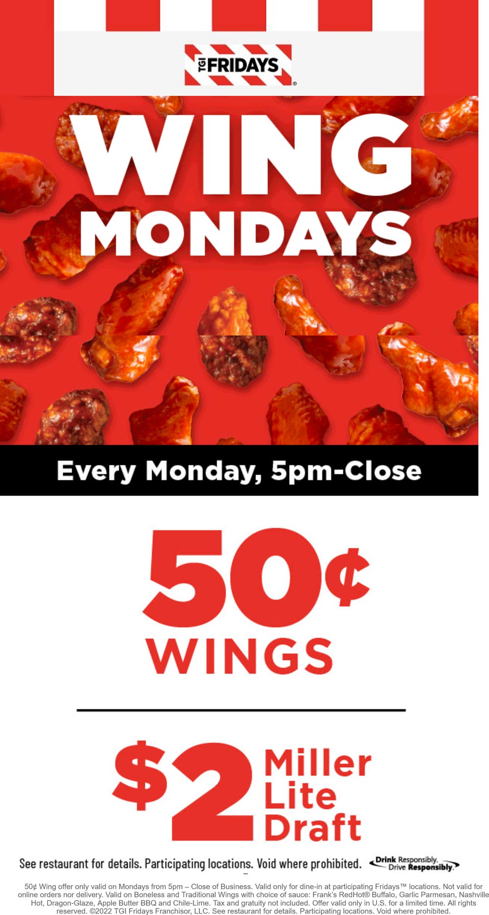 TGI Fridays restaurants Coupon  .50 cent wings & $2 draft Mondays at TGI Fridays restaurants #tgifridays 