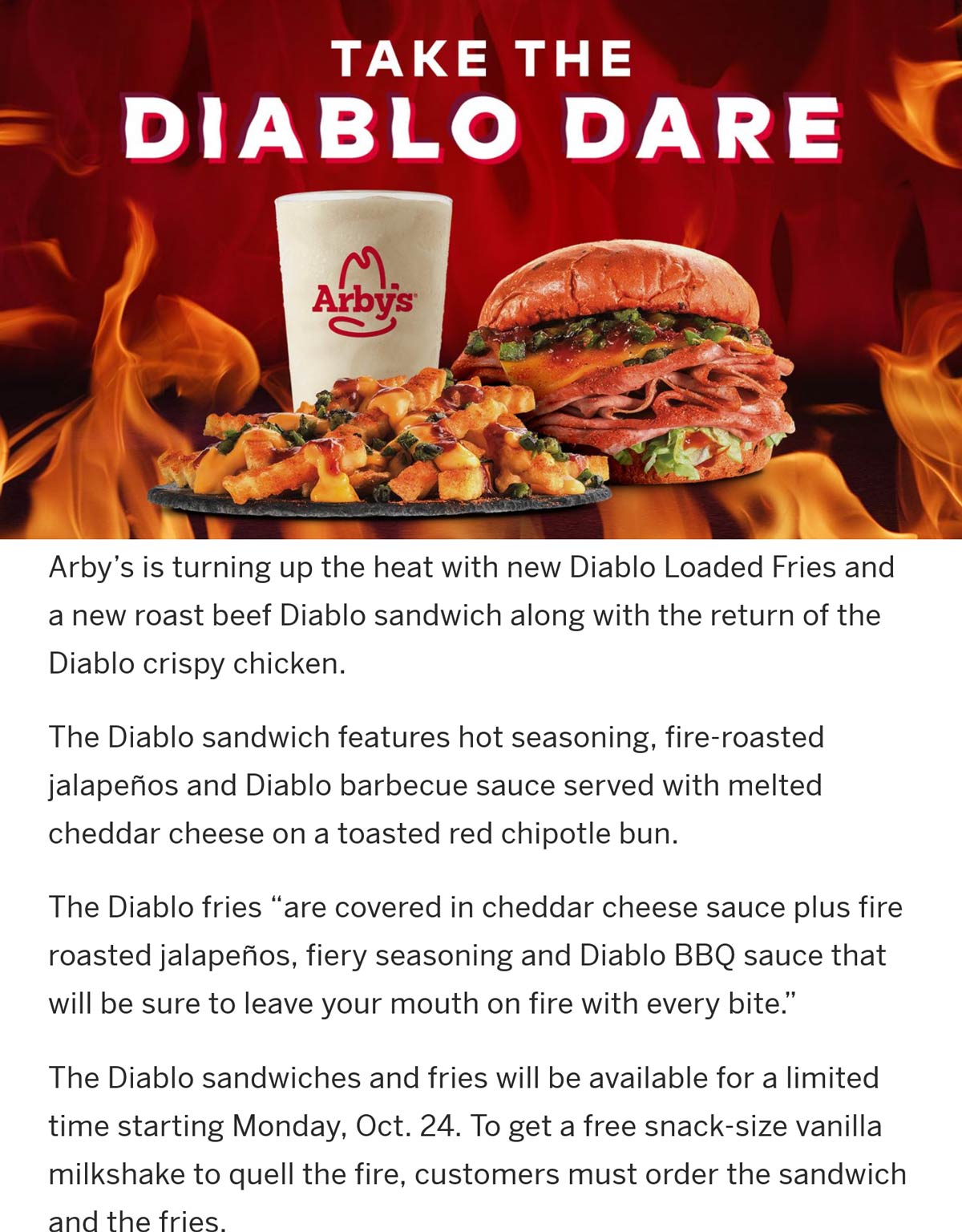 Arbys restaurants Coupon  Free milkshake with your diablo sandwich & fries at Arbys #arbys 