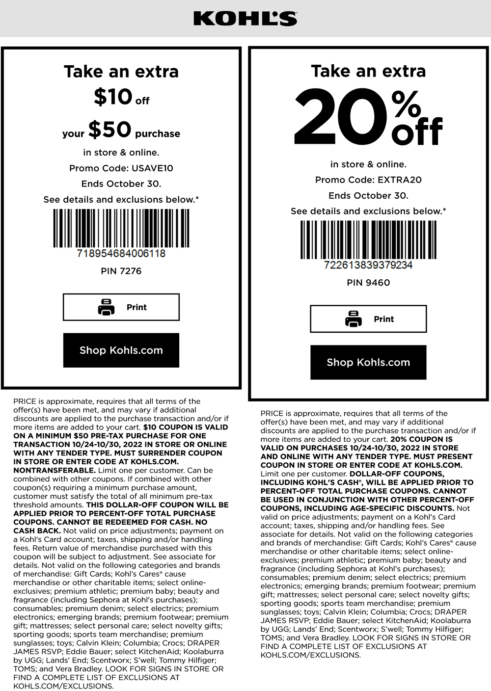 Kohls $10 off $50 & more at Kohls, or online via promo code USAVE10 #kohls Kohls stores Coupon $10 off $50 & more at Kohls, or online via promo code USAVE10 #kohls