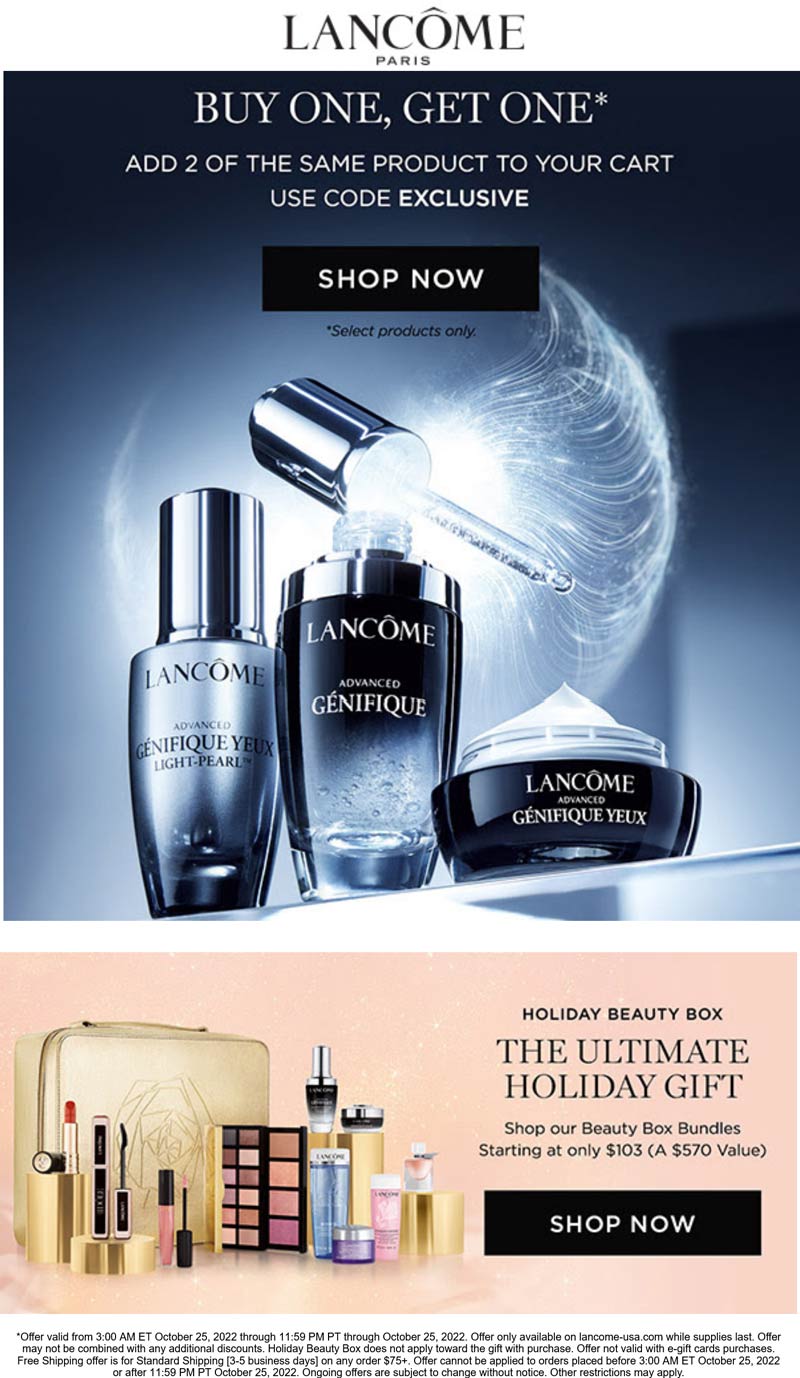 Lancome stores Coupon  Second item free today at Lancome via promo code EXCLUSIVE #lancome 