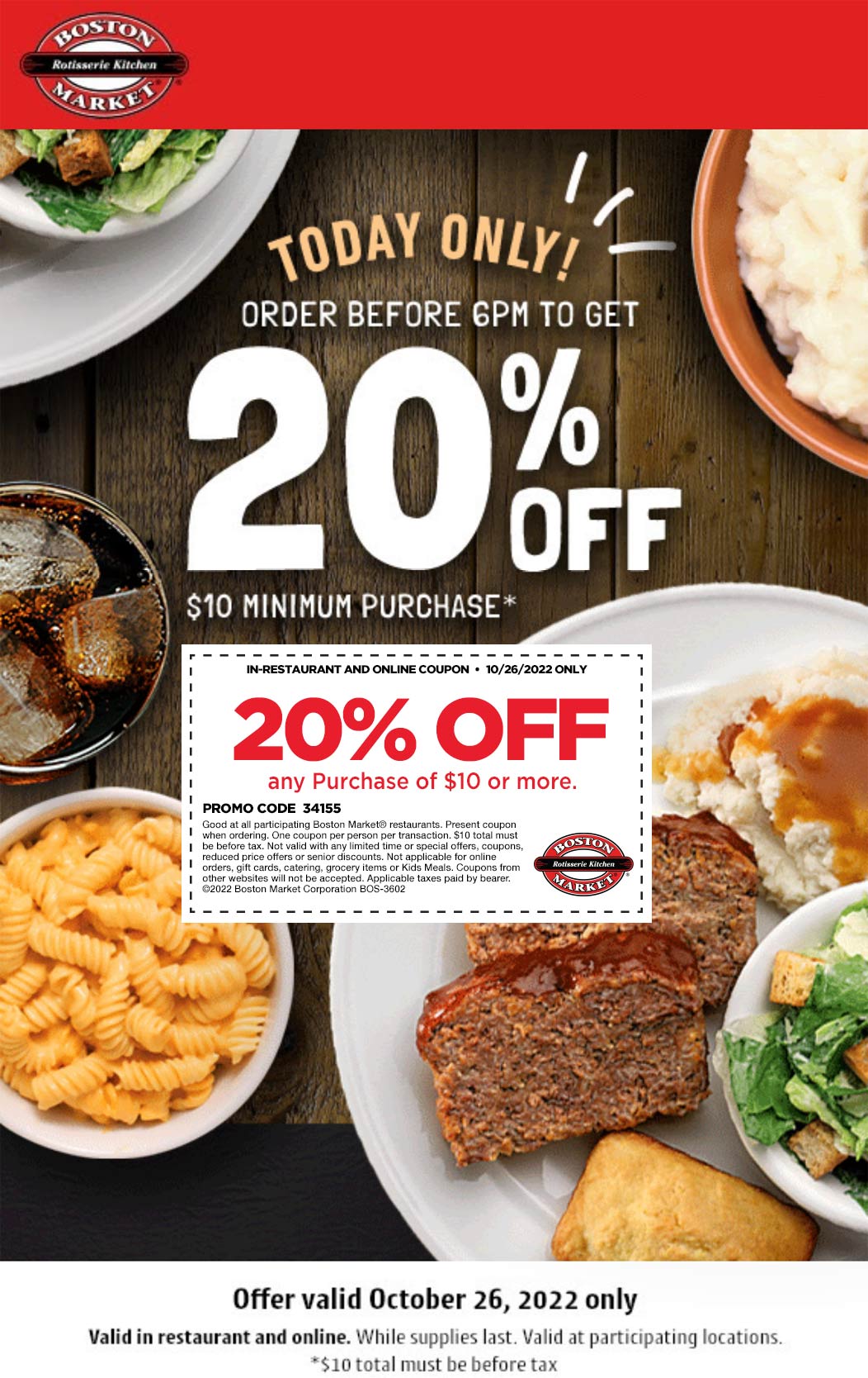 Boston Market restaurants Coupon  20% off before 6p today at Boston Market restaurants #bostonmarket 
