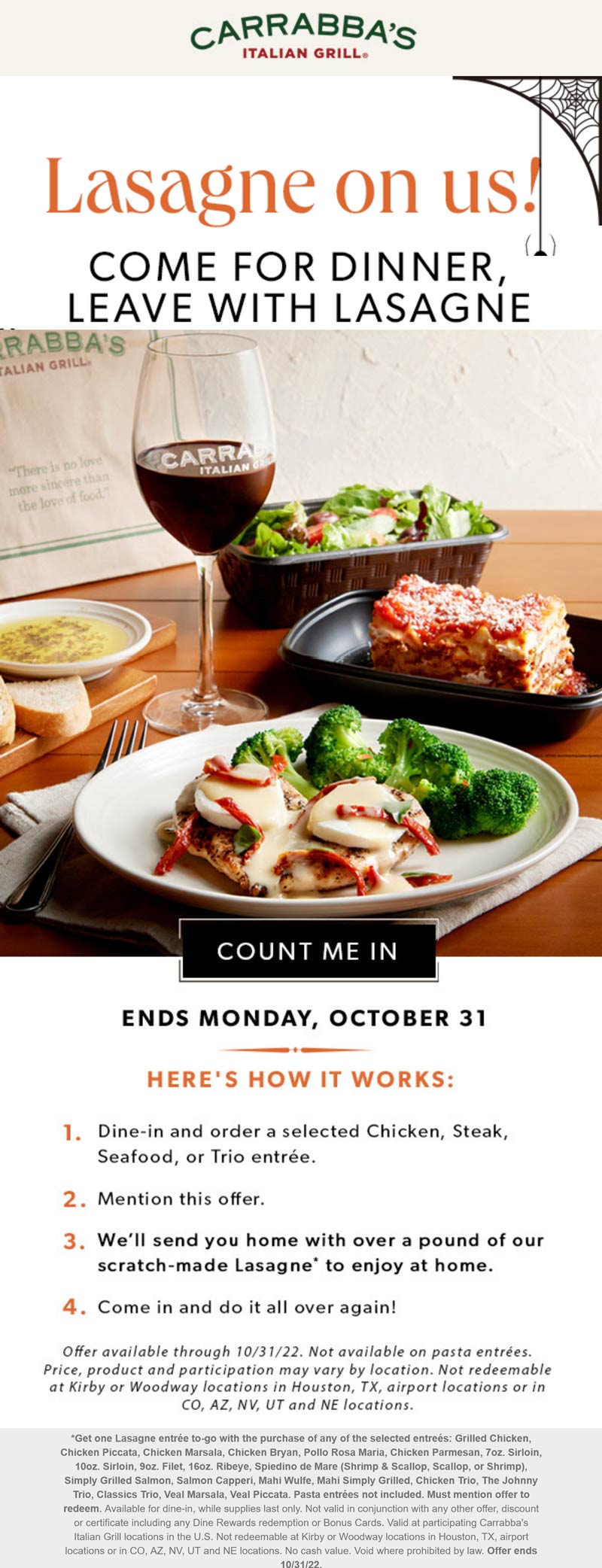 Free pound of lasagne as takeout with your dinein entree at Carrabbas