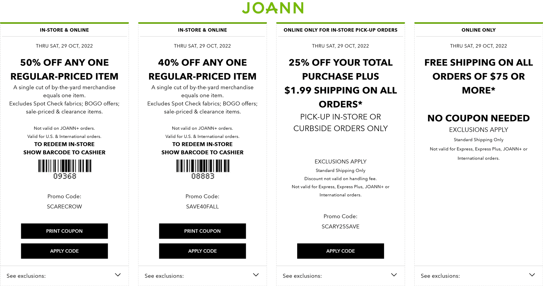 Joann stores Coupon  50% off a single fabric & more at Joann, or online via promo code SCARECROW #joann 