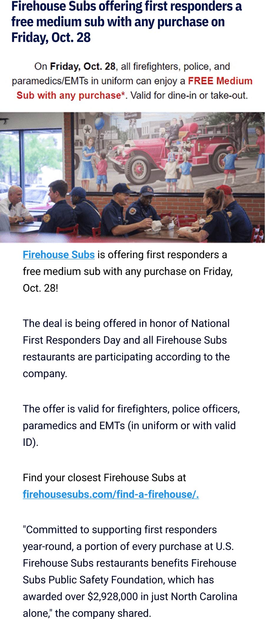 Firehouse Subs restaurants Coupon  First responders enjoy a free sub sandwich with any order today at Firehouse Subs #firehousesubs 