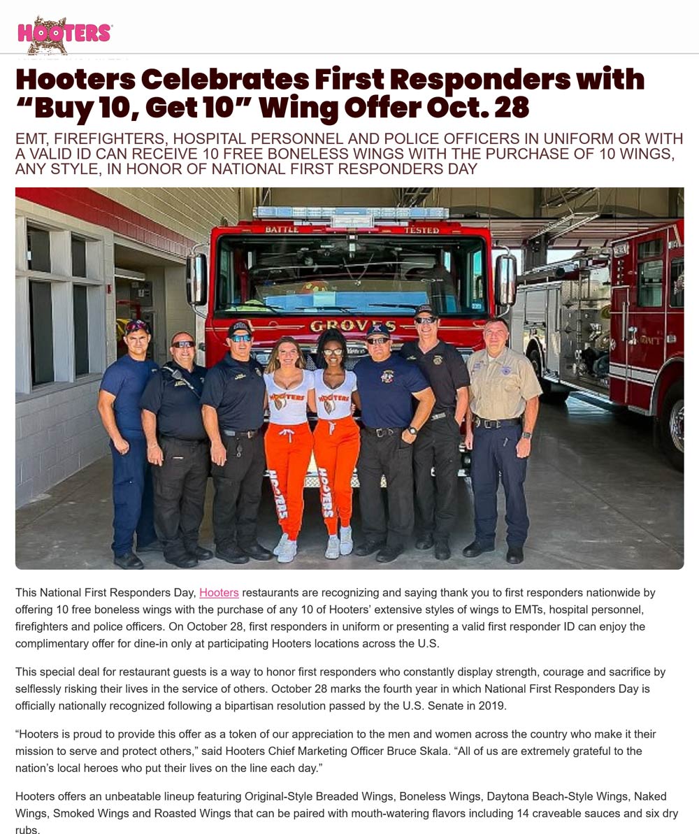 Hooters restaurants Coupon  First responders get 2nd 10pc chicken wings free today at Hooters #hooters 