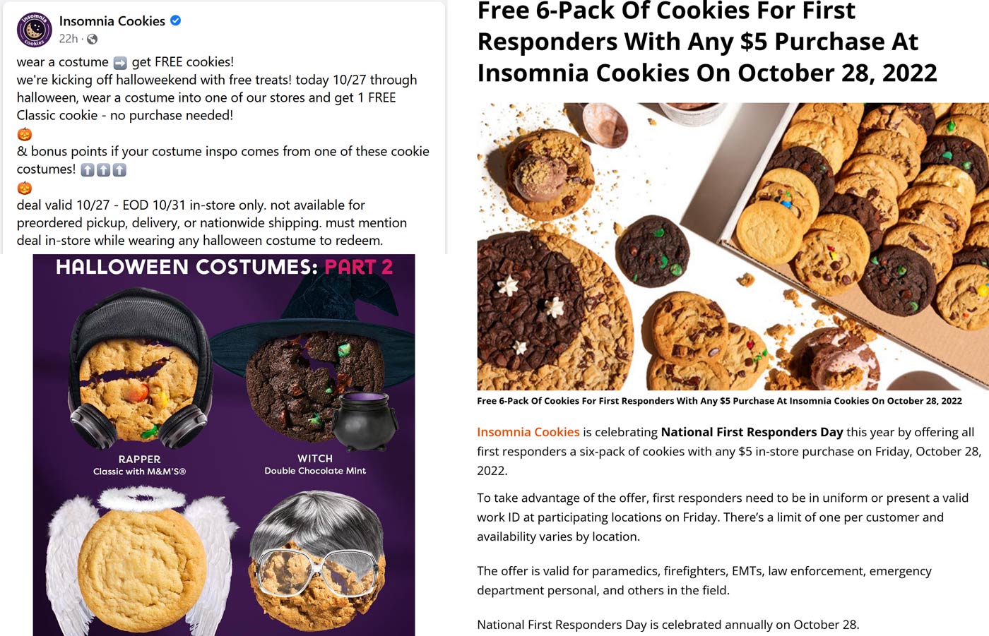 Insomnia Cookies restaurants Coupon  Free cookie in costume for all & free 6pk for first responders today at Insomnia Cookies #insomniacookies 