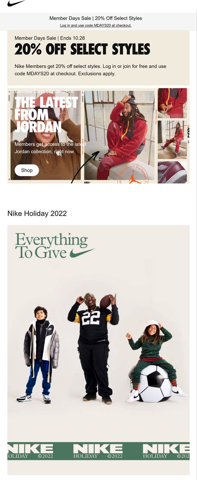 Nike stores Coupon  20% off various styles online today at Nike via promo code MDAYS20 #nike 