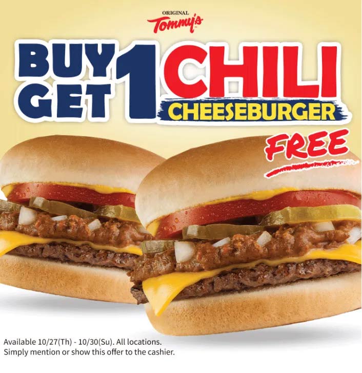 Original Tommys restaurants Coupon  Second chili cheeseburger free at Original Tommys #originaltommys 