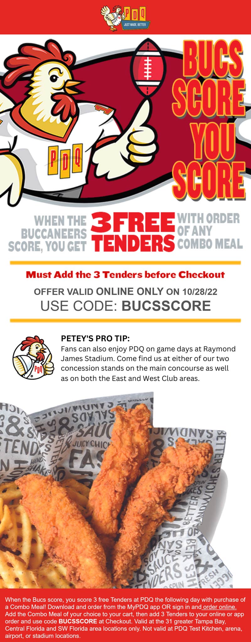 PDQ restaurants Coupon  Free chicken tenders with your combo tonight at PDQ via promo code BUCSSCORE #pdq 