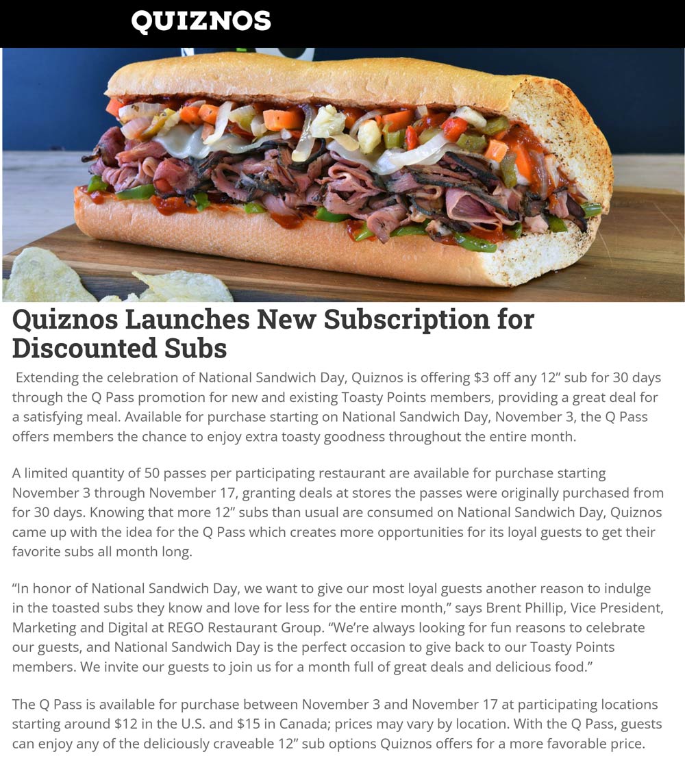 Quiznos stores Coupon  $3 off footlong sandwiches for a month for $12 at Quiznos #quiznos 