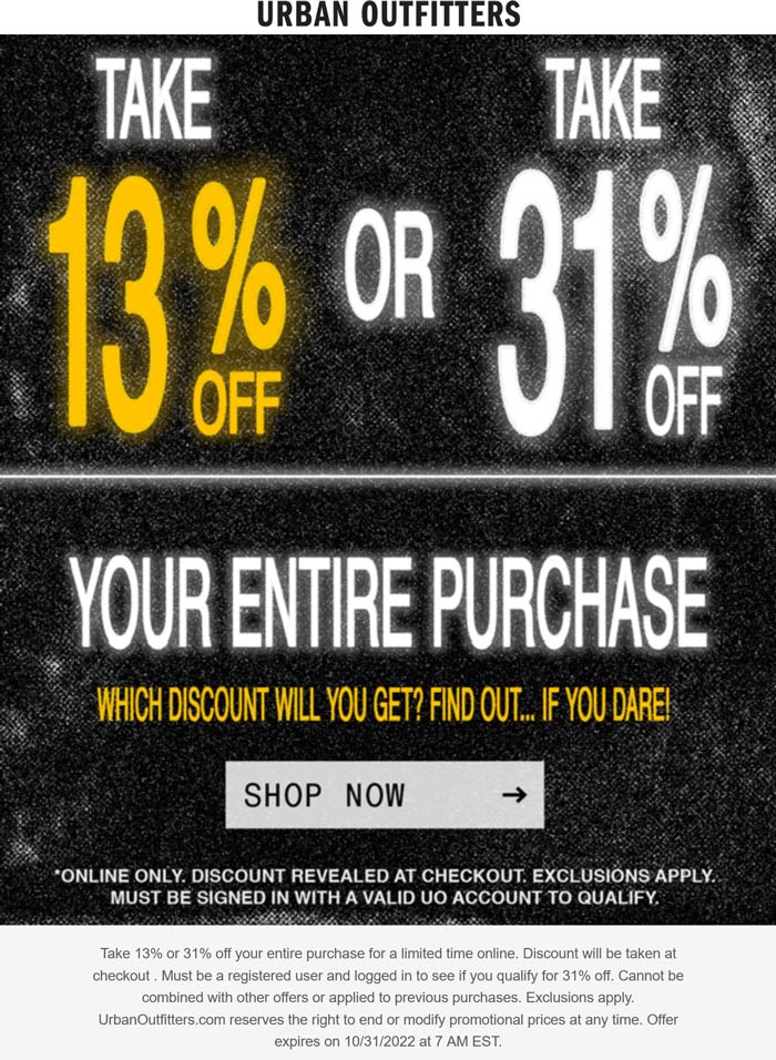 Urban Outfitters stores Coupon  13-31% off online at Urban Outfitters #urbanoutfitters 