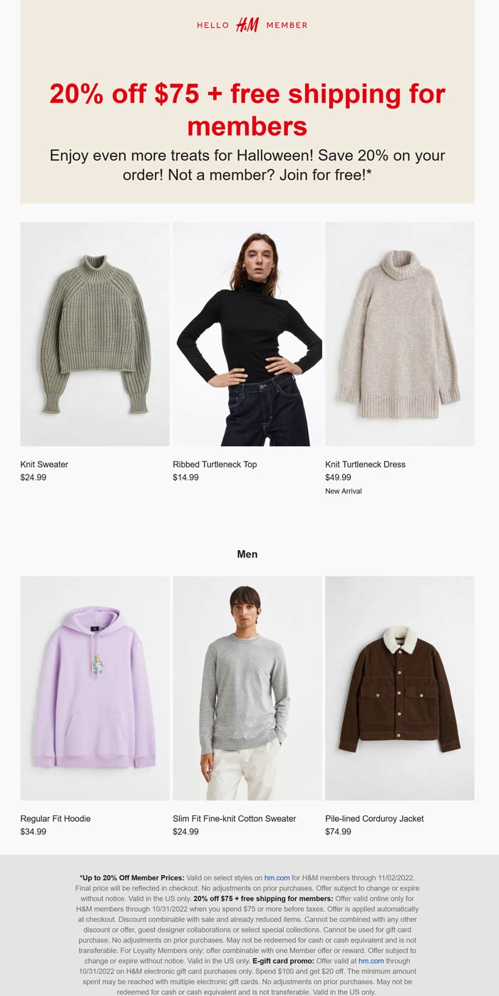 H&M stores Coupon  20% off $75 online at H&M #hm 