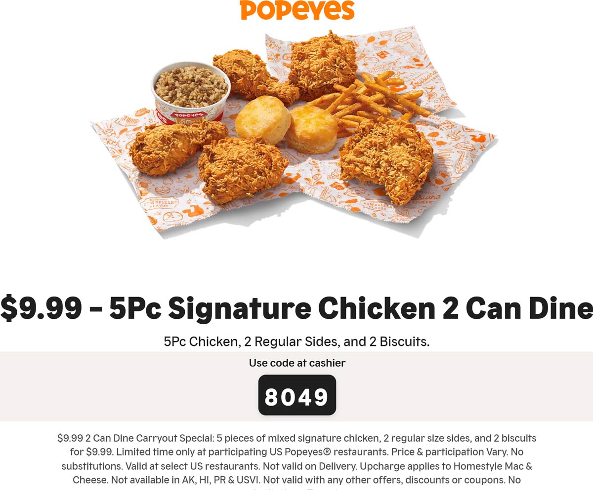 Popeyes restaurants Coupon  5pc chicken + 2 sides + 2 biscuits = $10 at Popeyes #popeyes 