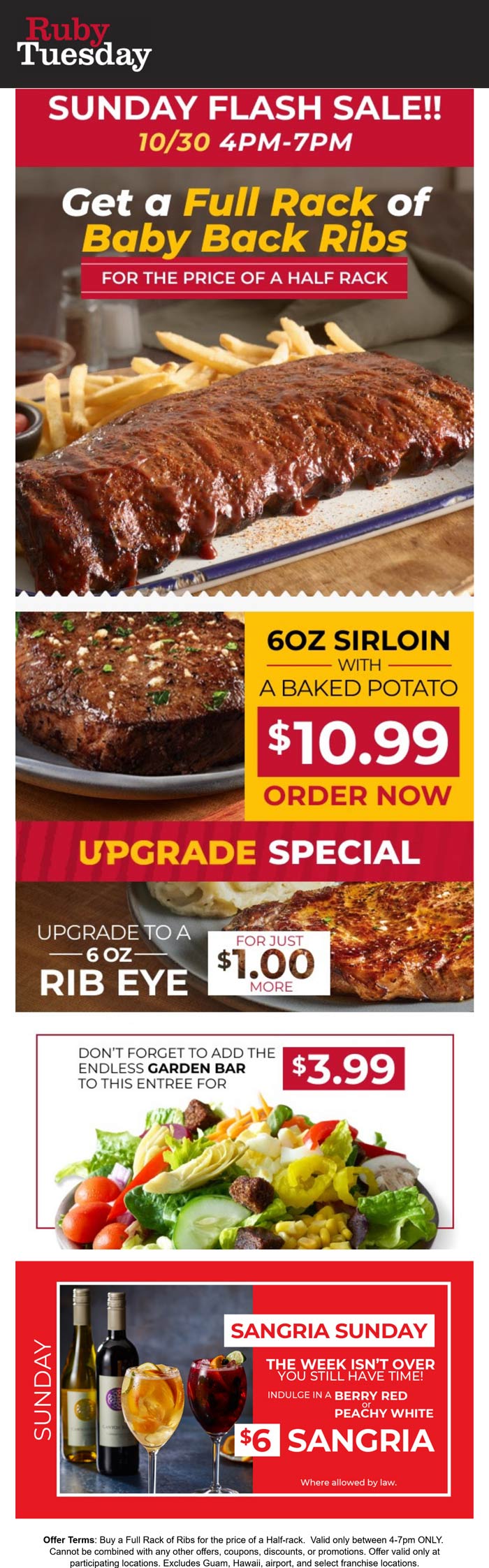 Ruby Tuesday restaurants Coupon  Second half rack ribs free & steak + potato for $11 4-7p today at Ruby Tuesday #rubytuesday 