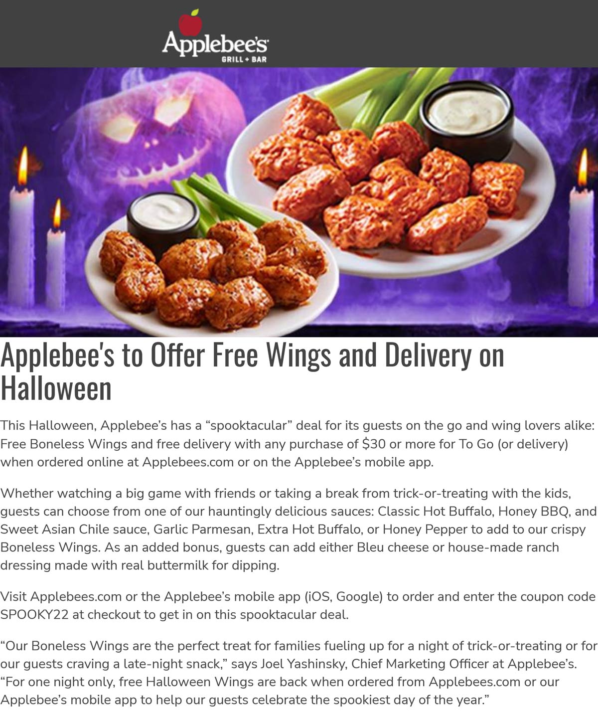Applebees restaurants Coupon  Free boneless wings & delivery on $30 today at Applebees restaurants via promo code SPOOKY22 #applebees 