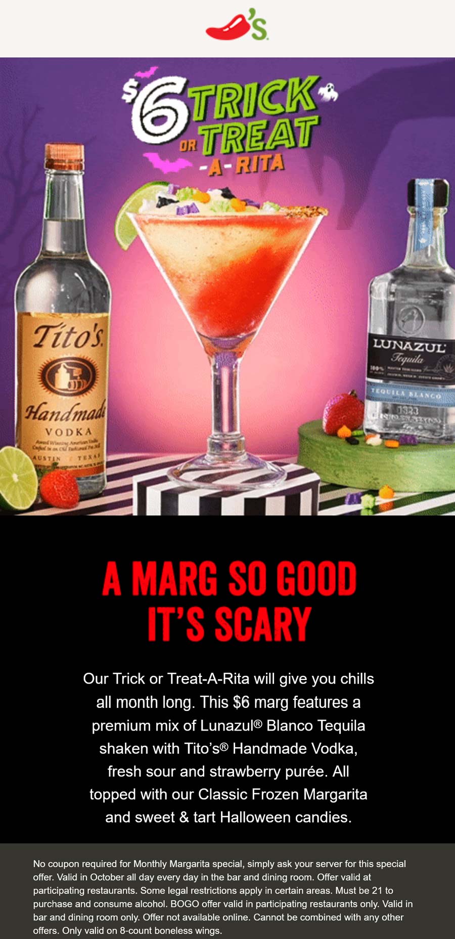 6 Lunazul & Titos strawberry margarita all month at Chilis restaurants