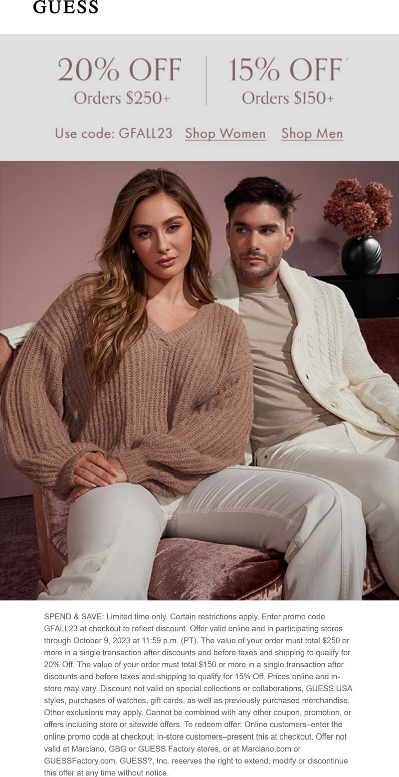 15 20 Off 150 At GUESS Or Online Via Promo Code GFALL23 guess 