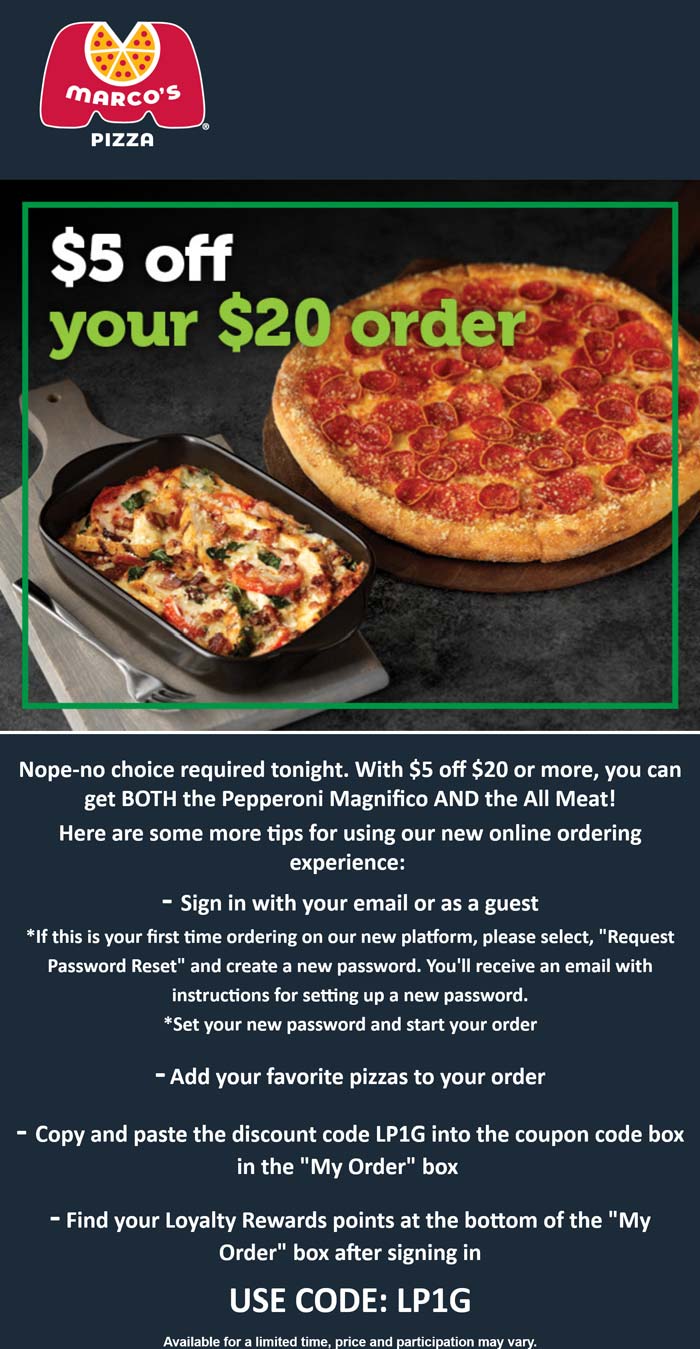 5 off 20 at Marcos Pizza via promo code LP1G marcos The Coupons App®