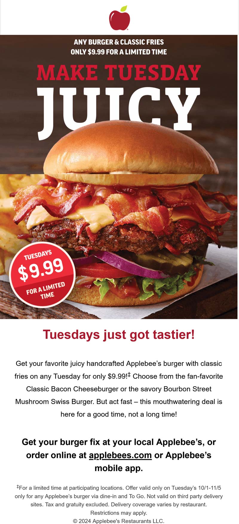 Applebees restaurants Coupon  Cheeseburger + fries = $10 today at Applebees #applebees 