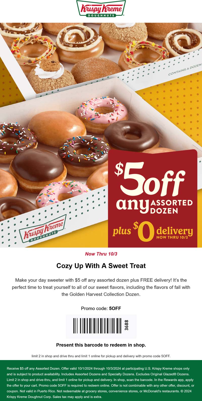 Krispy Kreme stores Coupon  $5 off any assorted dozen at Krispy Kreme, or online via promo code 5OFF #krispykreme 