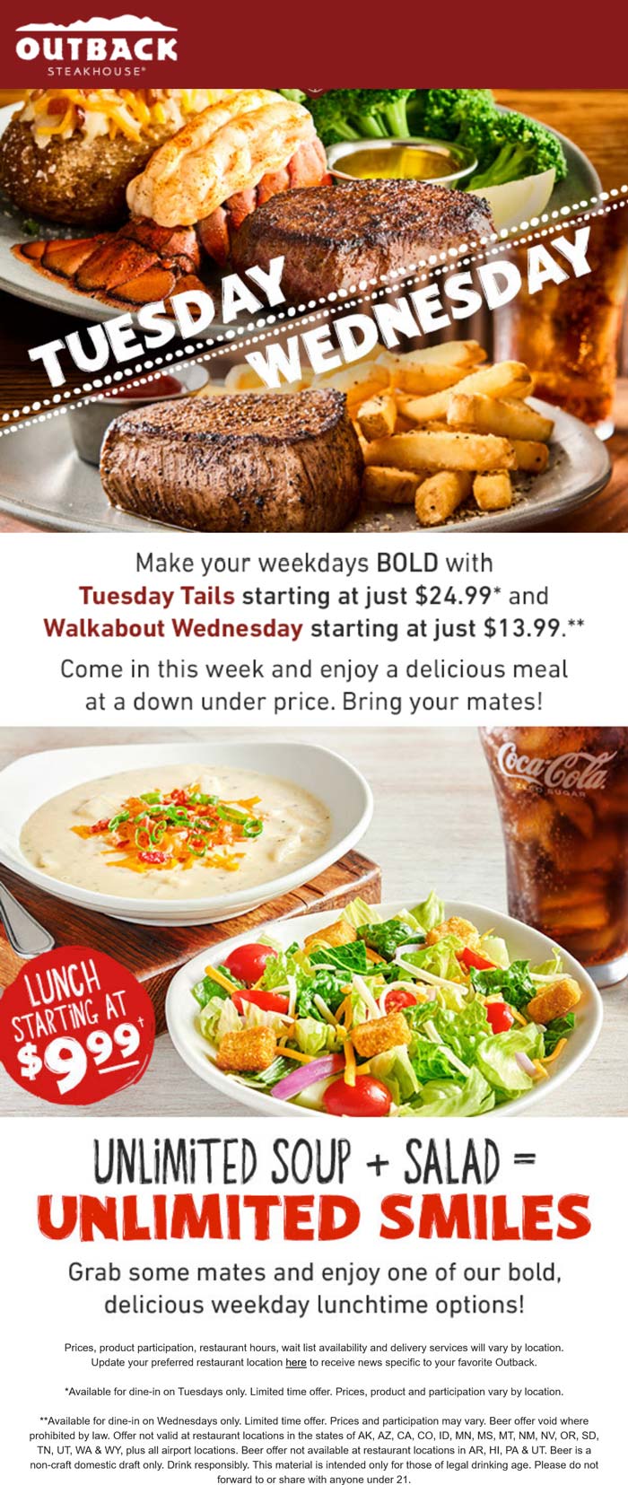 Outback Steakhouse restaurants Coupon  Lobster + steak = $25 & more at Outback Steakhouse #outbacksteakhouse 