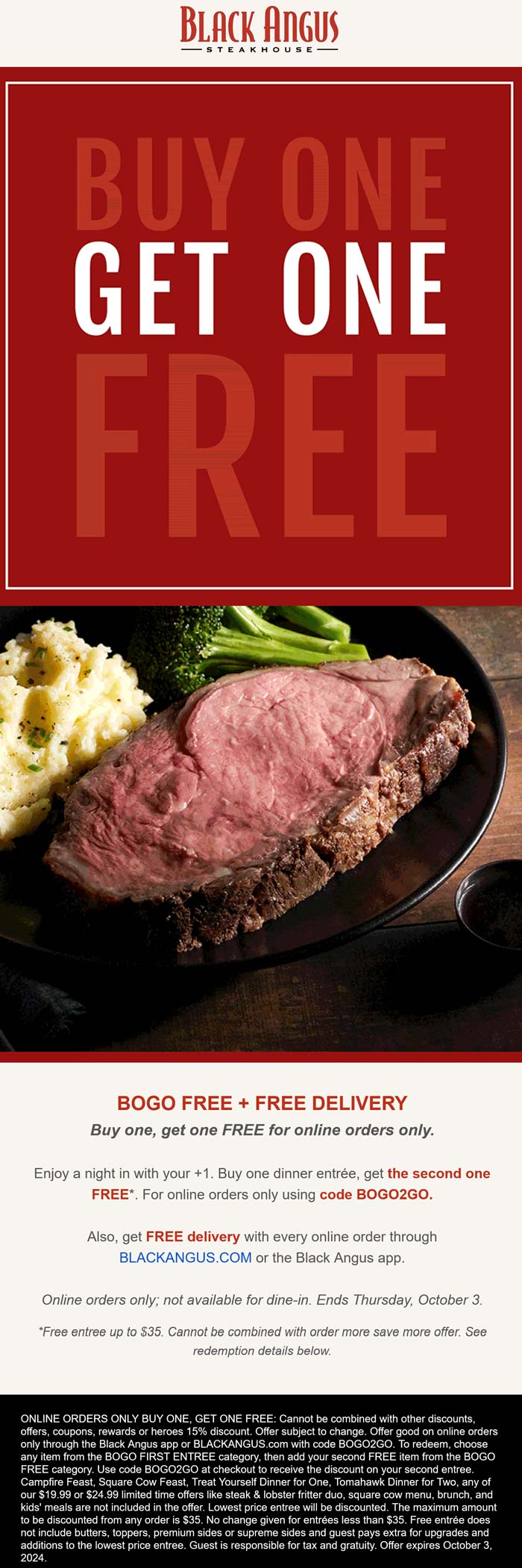 Black Angus restaurants Coupon  Second entree free at Black Angus via promo code BOGO2GO #blackangus 