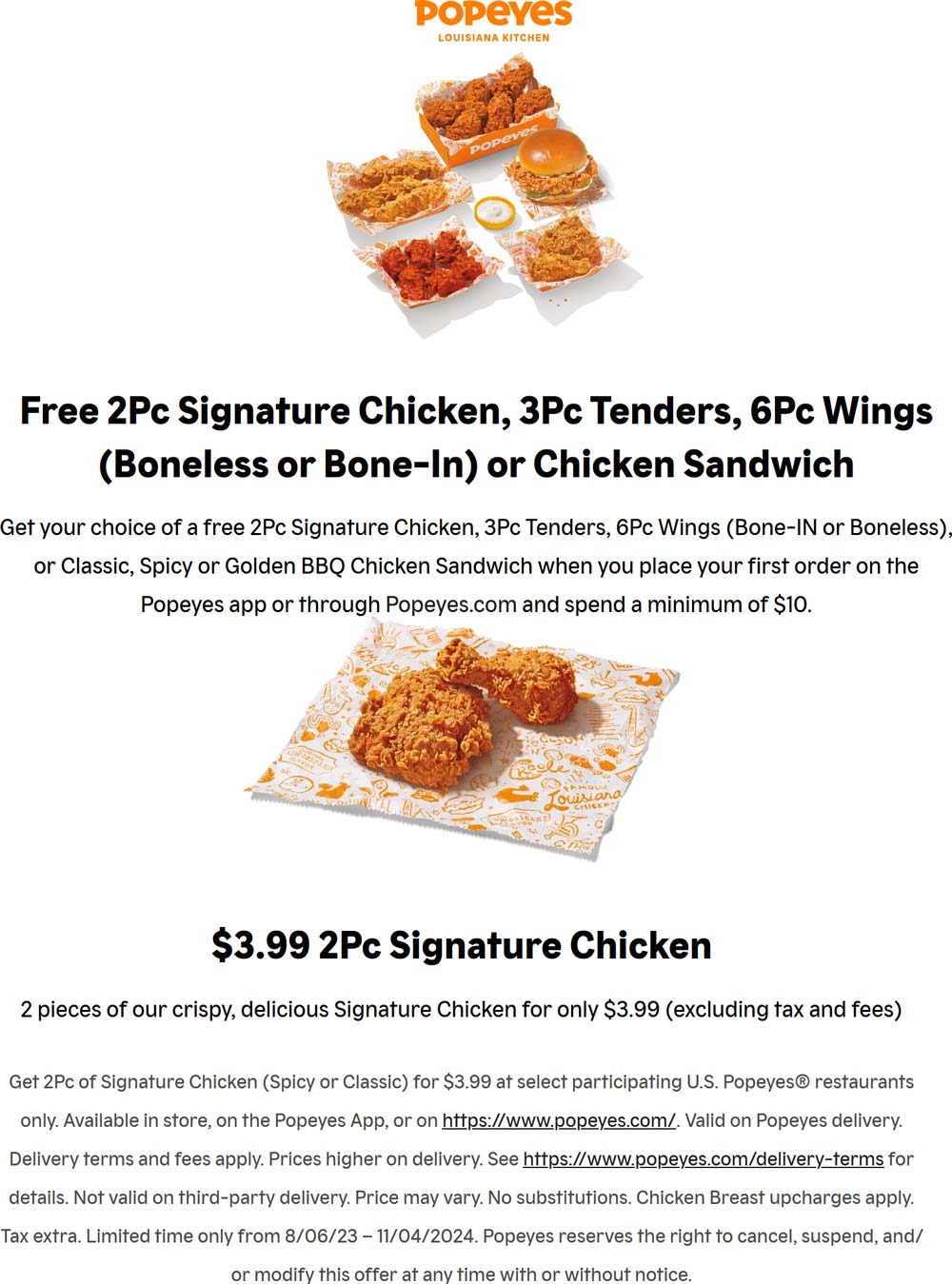 Popeyes restaurants Coupon  Free 2pc chicken or sandwich on $10 online at Popeyes #popeyes 