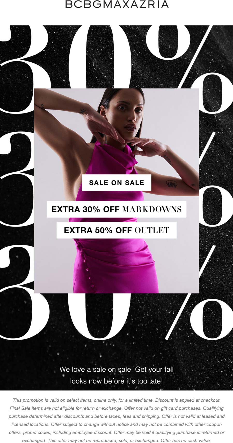 BCBGMAXAZRIA stores Coupon  Extra 30% off sale items & 50% off outlet at BCBGMAXAZRIA #bcbgmaxazria 