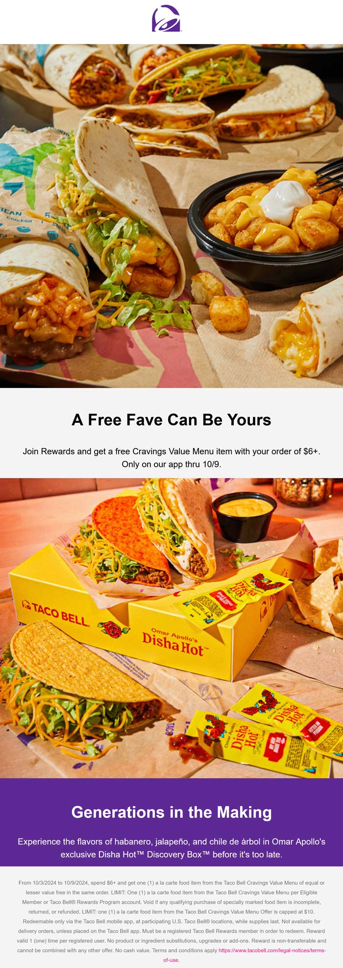 Taco Bell restaurants Coupon  Free fave item on $6+via mobile at Taco Bell #tacobell 