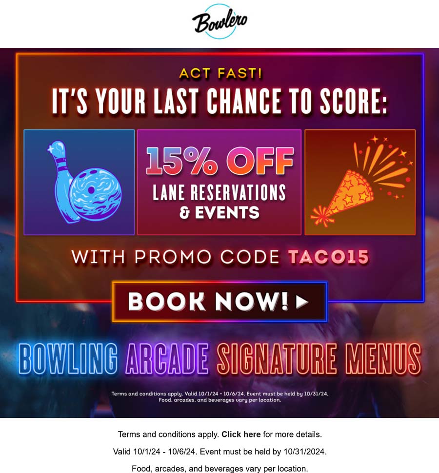 Bowlero stores Coupon  15% off lane reservations at Bowlero bowling alleys via promo code TACO15 #bowlero 