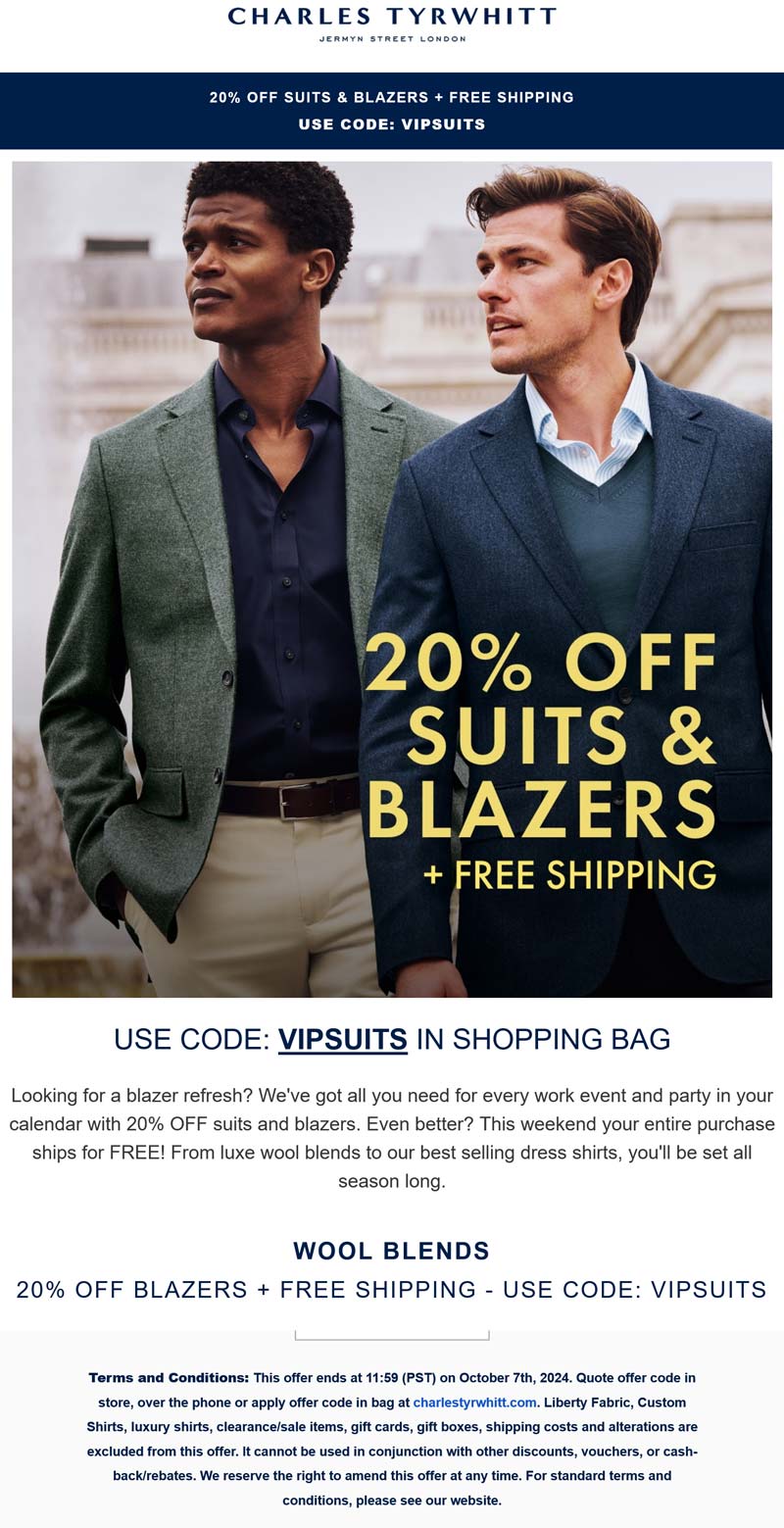 Charles Tyrwhitt stores Coupon  20% off blazers at Charles Tyrwhitt via promo coe VIPSUITS #charlestyrwhitt 